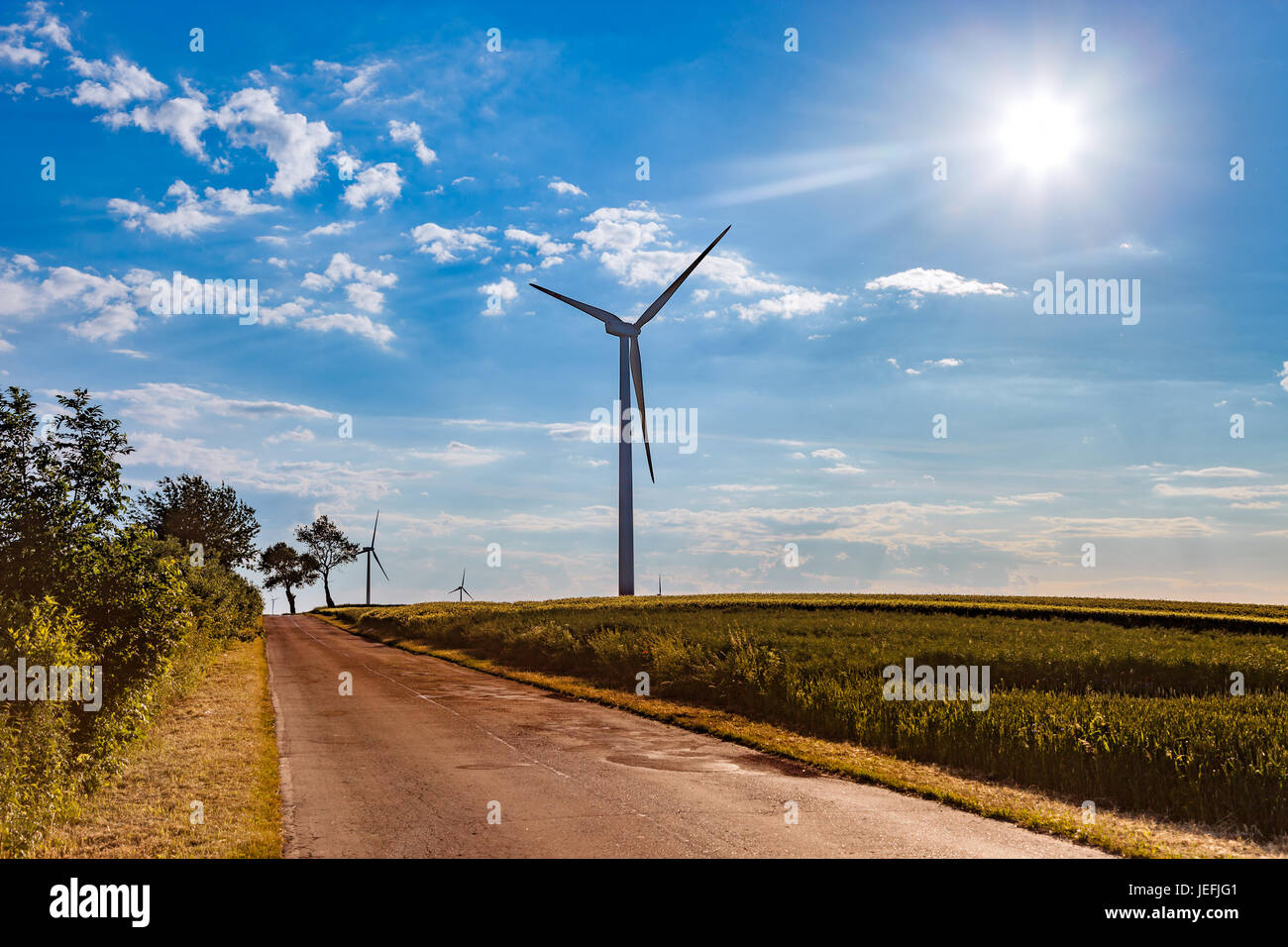 Una strada e delle turbine a vento sotto il cielo blu. Foto Stock