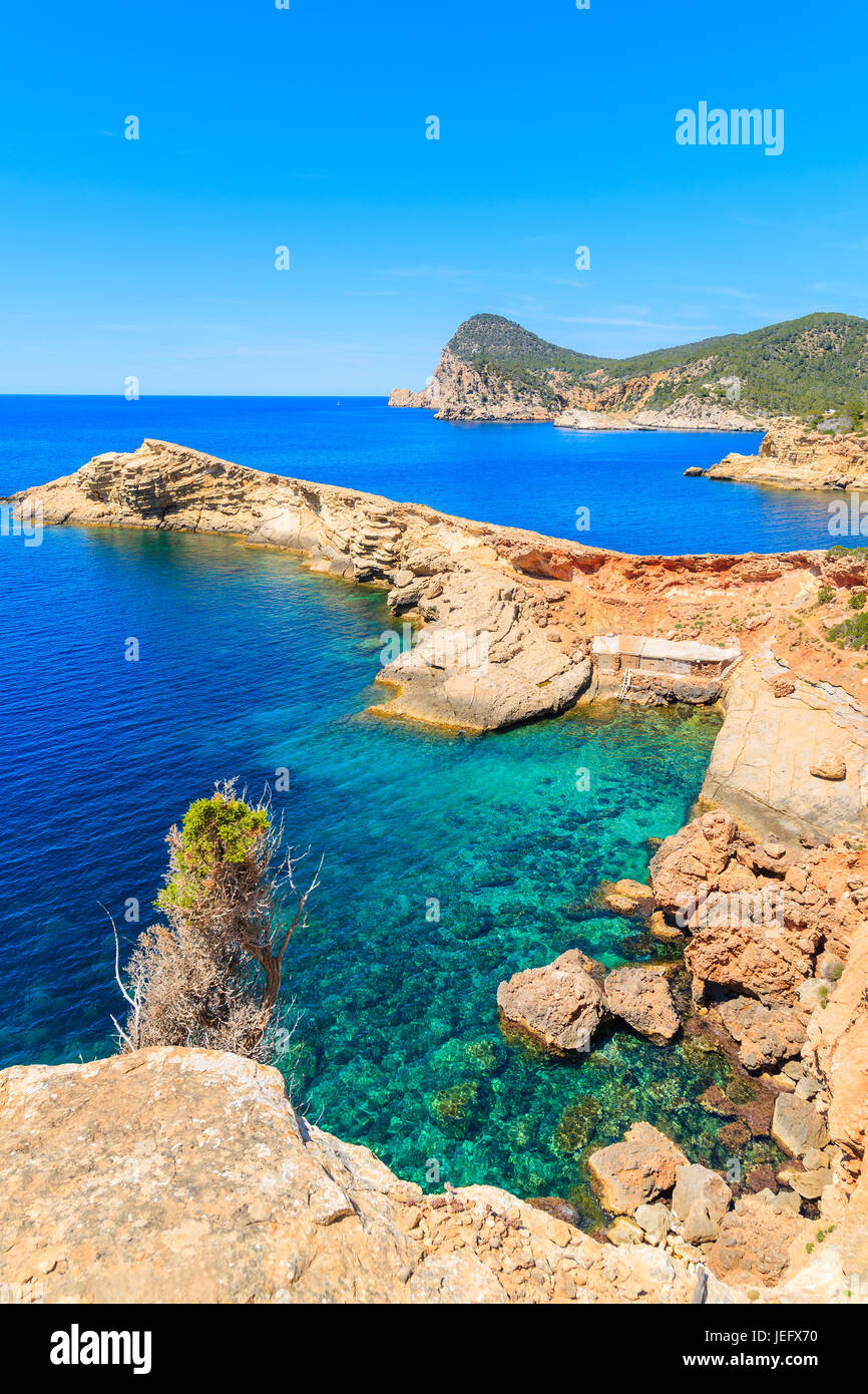 Baia Mare con Barca hosues in Punta Galera bay, isola di Ibiza, Spagna Foto Stock