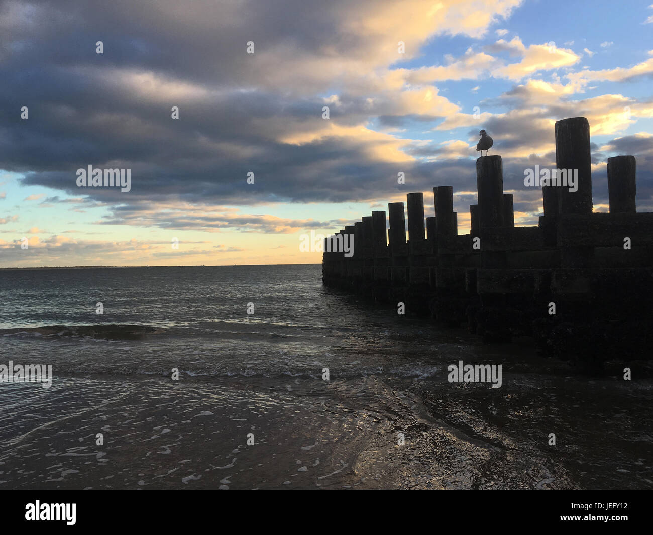 Silhouette di vecchio molo in legno al tramonto con le nuvole drammatiche. Silhouette di gabbiano che si siede su pilone di legno. Le onde oceaniche si avvolgono delicatamente sul molo. Foto Stock