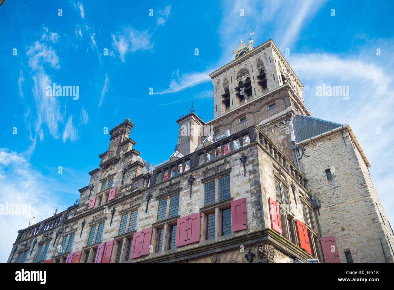 Dettaglio del municipio di Delft. un edificio in stile rinascimentale sul mercato, progettato dall architetto olandese Hendrick de Keyser (1618 - 1620). Foto Stock
