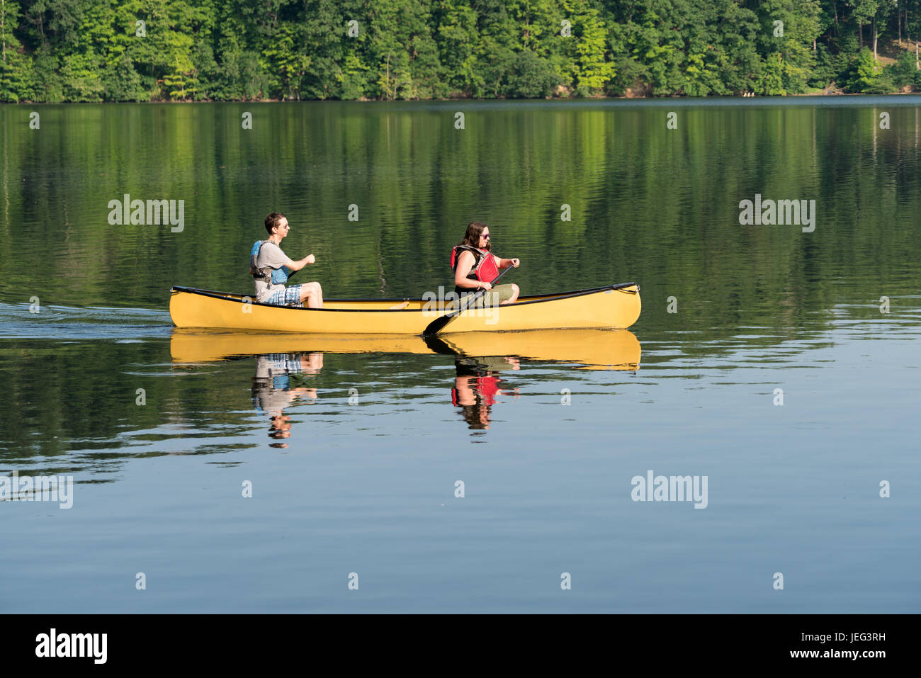 Giovane paddling in giallo canoa sul viale alberato lago Foto Stock