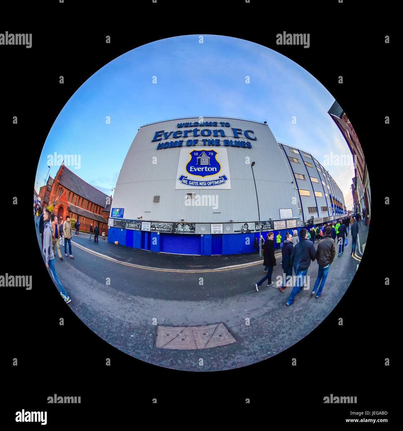 Goodison Park home di Everton Football Club. Lo stadio è uno dei più antichi costruiti allo scopo gli stadi di calcio del mondo. Foto Stock