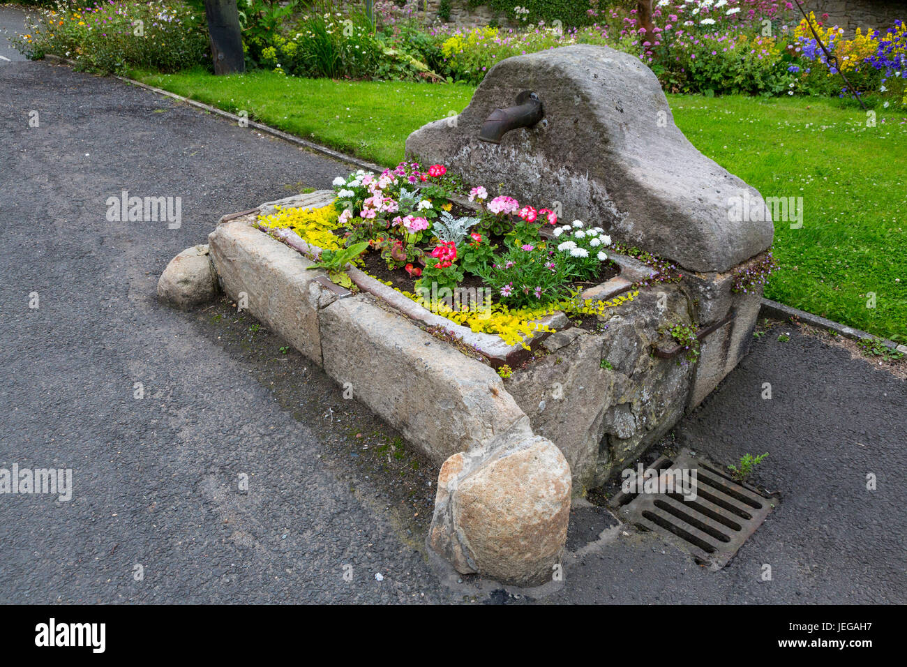 Corbridge, Northumberland, Inghilterra, Regno Unito. Il vecchio cavallo-canale di irrigazione riproposte come un vaso di fiori. Foto Stock