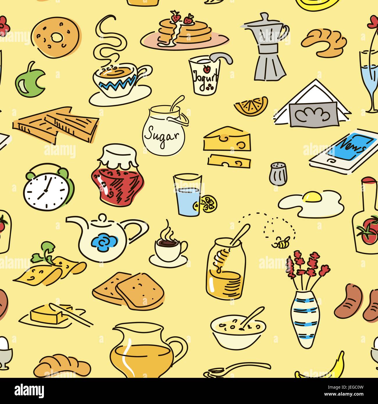 La colazione del mattino doodle vettore colorati seamless pattern. Illustrazione Vettoriale