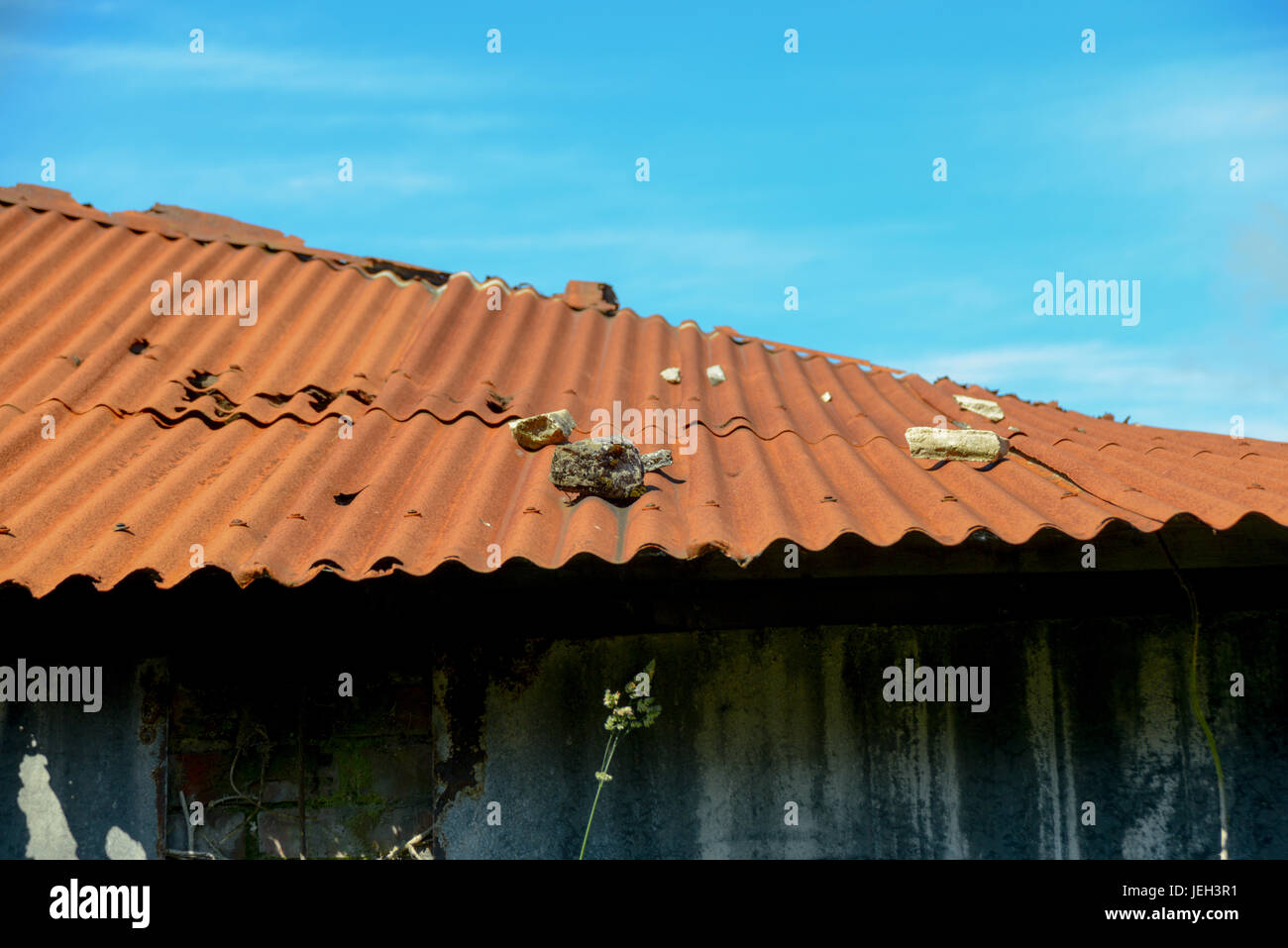 Arrugginiti di metallo ondulato su tetto edificio rurale. Foto Stock