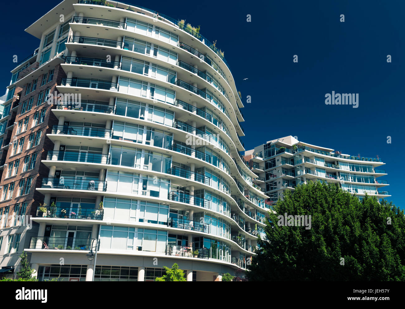 Il lusso moderno edifcio condominiale nel centro di Victoria, BC su una soleggiata giornata estiva. Victoria, Isola di Vancouver, British Columbia, Canada 2017. Foto Stock