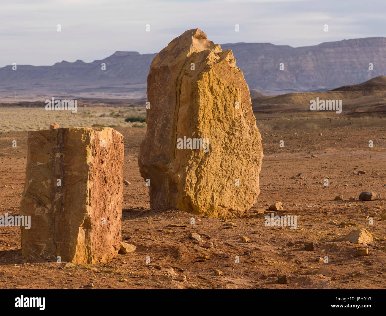 In piedi in blocchi di pietra in Ramon Riserva; Mitspe Ramon, Israele Foto Stock