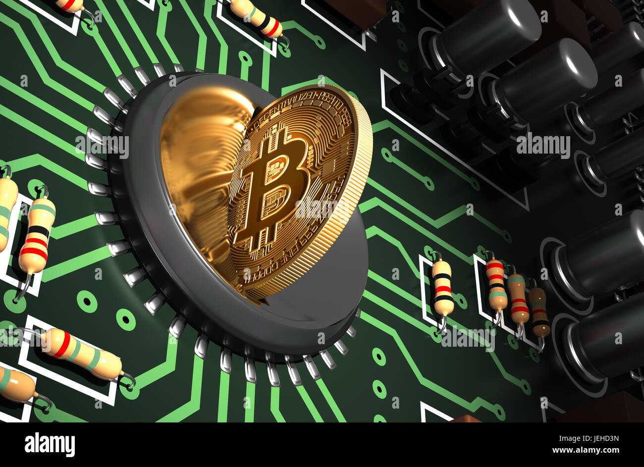 Mettere Bitcoin in Coin Slot sulla scheda madre di verde e la creazione di forma di cuore con la riflessione Foto Stock