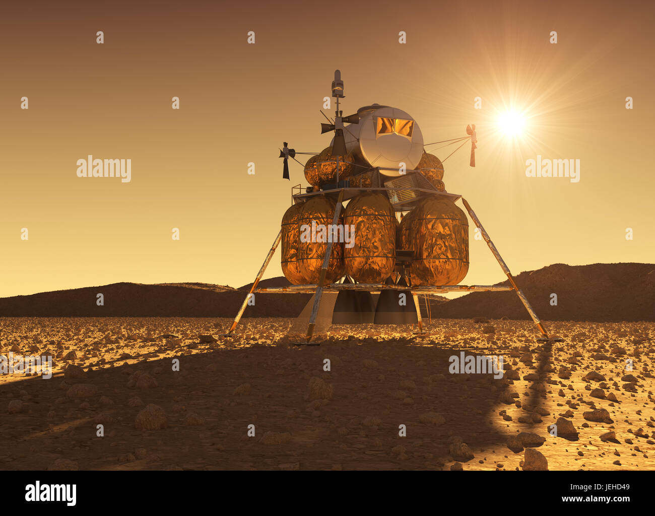 Modulo di discesa dello Spazio Interplanetario Station sullo sfondo di Marziano Sun Foto Stock