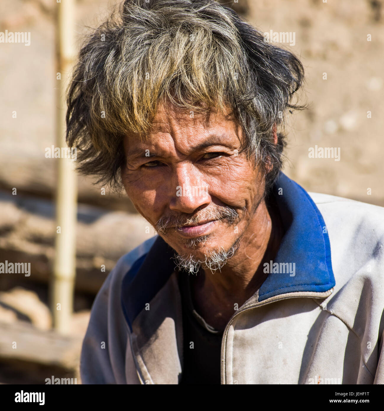 Ritratto di un uomo tailandese con capelli disheveled; Tambon Po, Chang Wat Chiang Rai, Thailandia Foto Stock