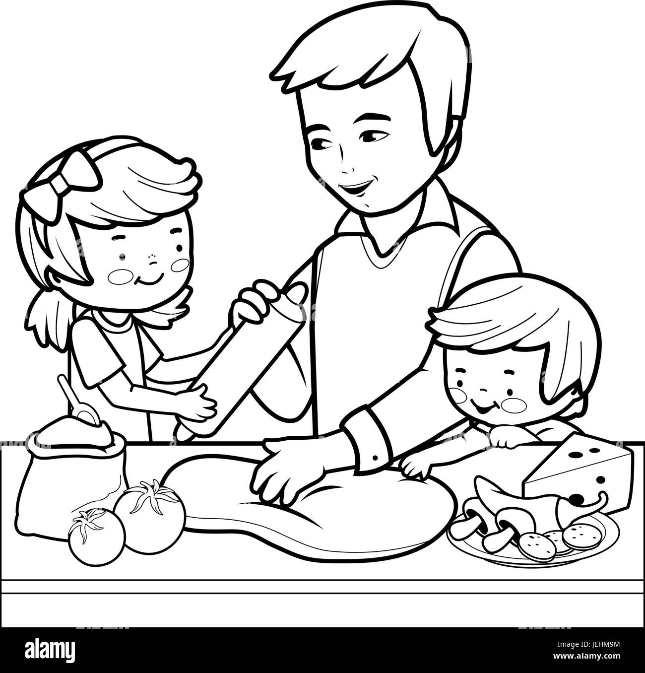 Padre e figli per la cottura della pizza in cucina. Pagina di colorazione Illustrazione Vettoriale