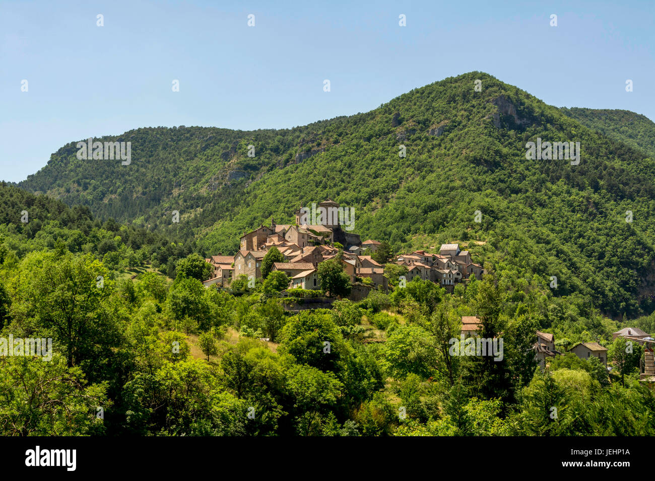 Villaggio di Le Rozier. Gorges du Tarn. Lozere. La Francia. Europa Foto Stock