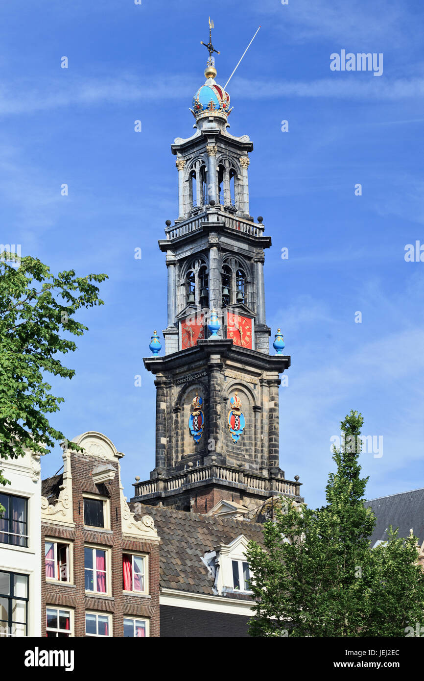 Torre Occidentale il 18 agosto 2012 ad Amsterdam. La torre fa parte della Chiesa Occidentale. Si compone di tre livelli, una pietra arenaria, e due legno superiore. Foto Stock