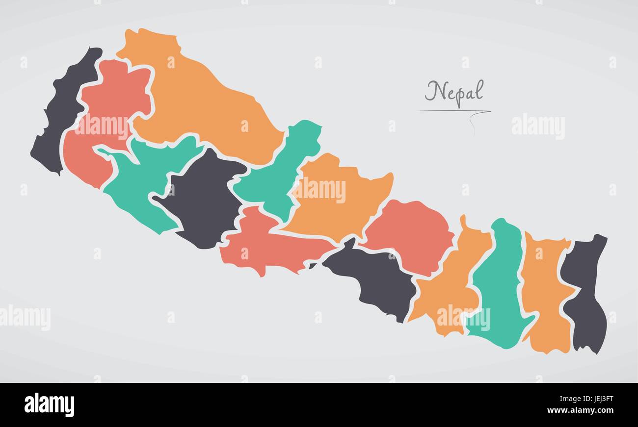 Mappa di Nepal con gli stati e le moderne forme rotonde Illustrazione Vettoriale