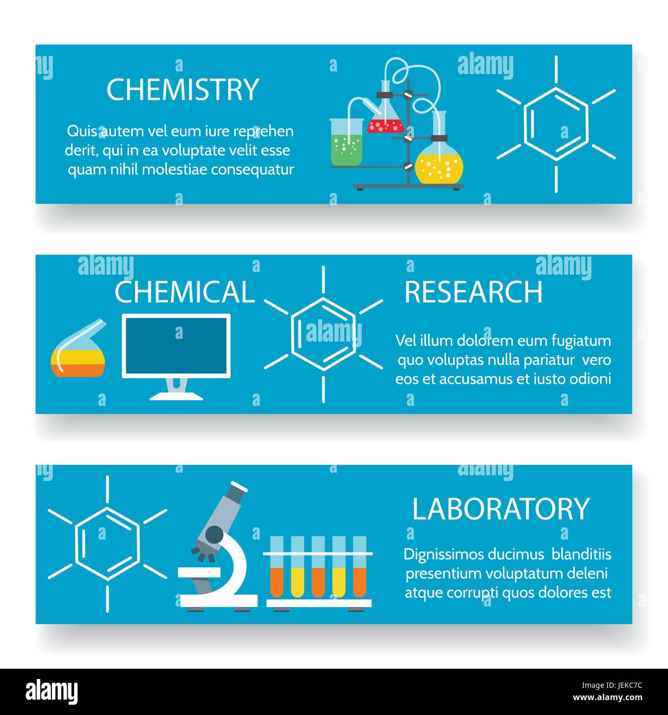 Laboratorio di chimica banner. La scienza del vettore sfondi esperimento scientifico con attrezzature di laboratorio Illustrazione Vettoriale