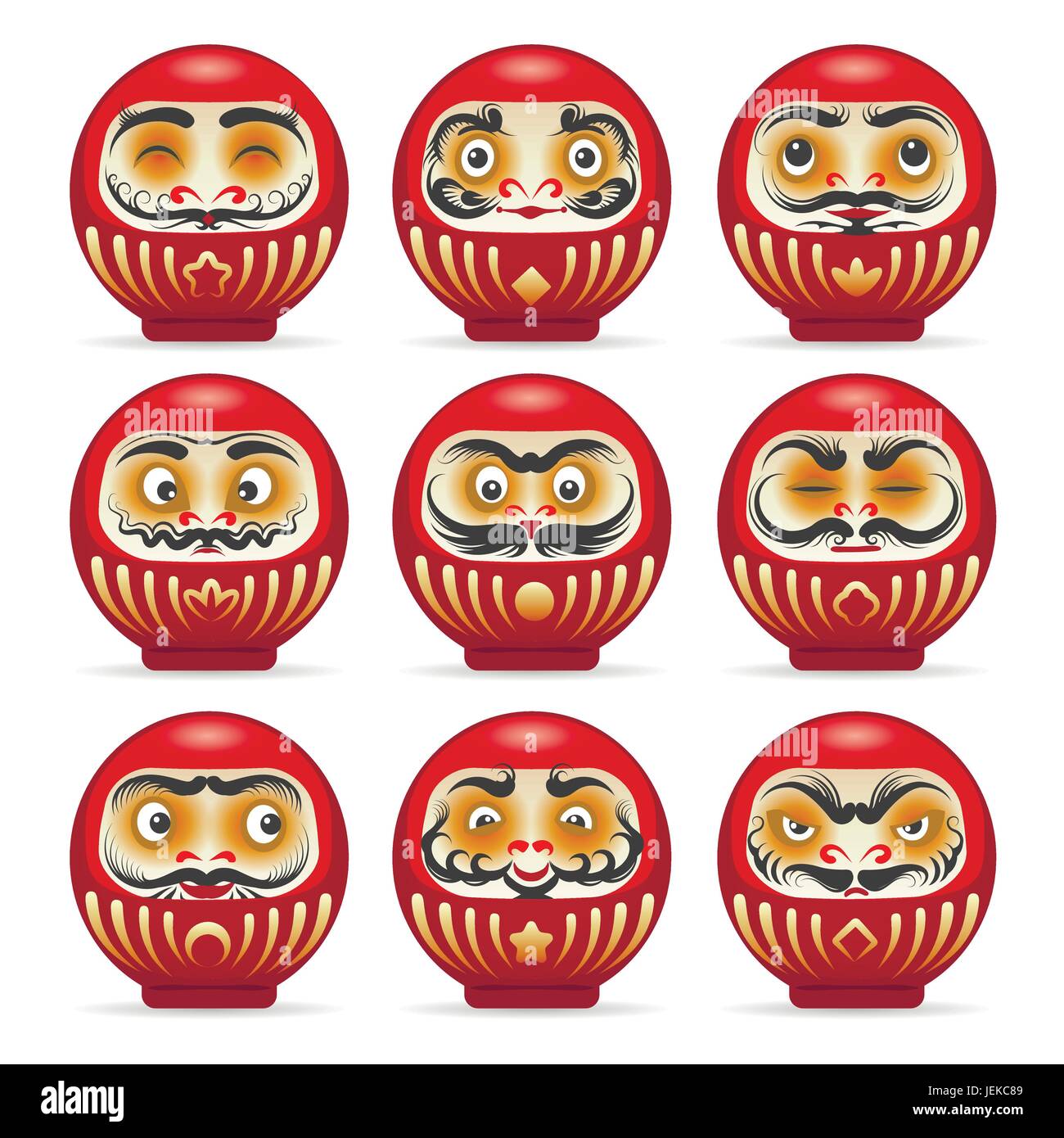 Red daruma bambole dal Giappone isolato su bianco. Il Dharma affascinante cultura pop giapponese daruma monaco bambola vettore di templi Illustrazione Vettoriale