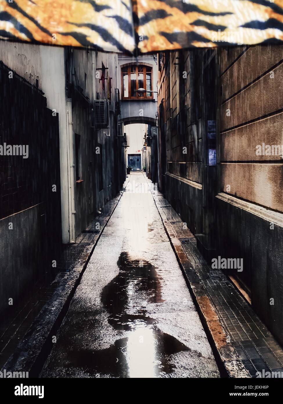Città strada vista da sotto un ombrello Foto Stock