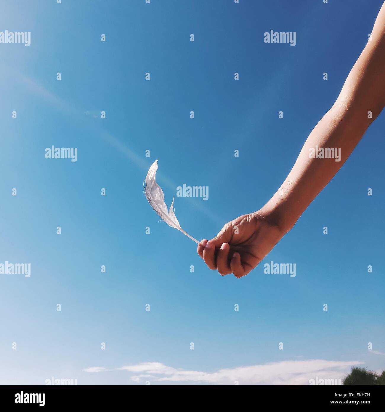 Ragazzo in mano che tiene una piuma Foto Stock