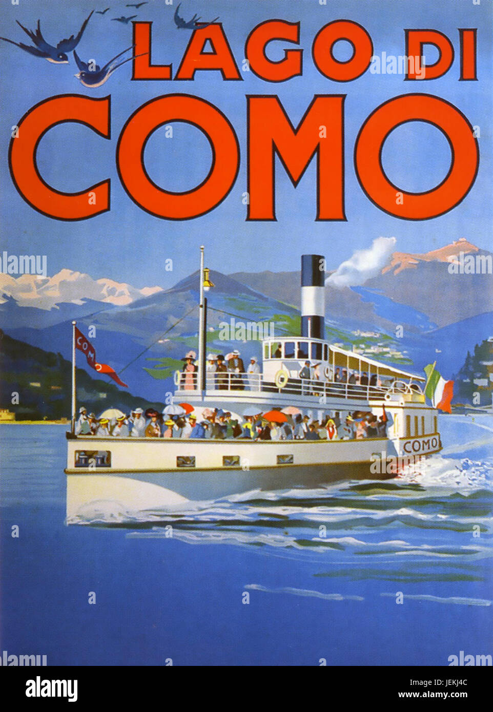 Il LAGO DI COMO, Italia. Poster promozionali circa 1910 che mostra uno degli allora recentemente introdotto vapore traghetti Foto Stock