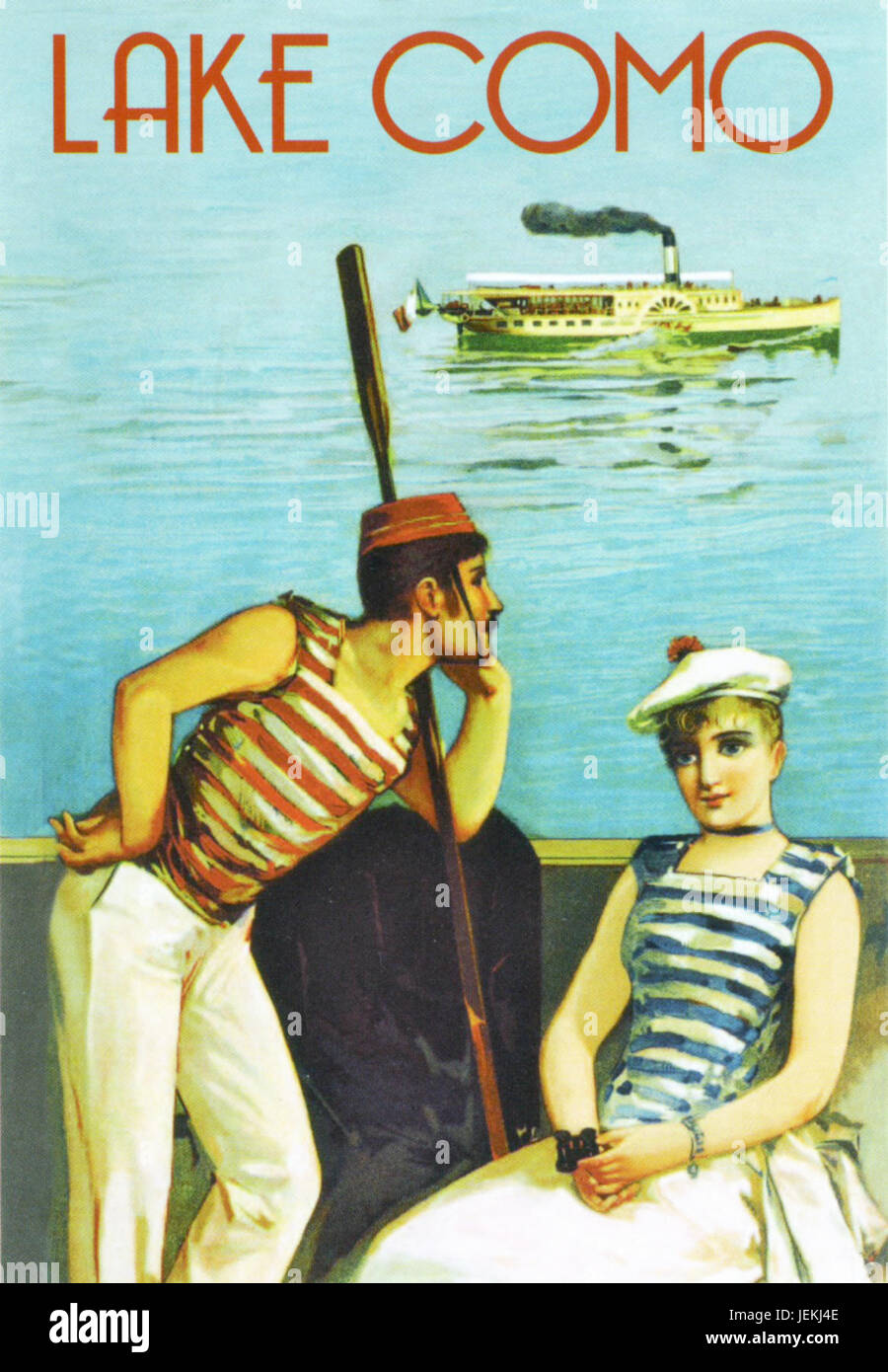 Il LAGO DI COMO, Italia. Poster promozionali circa 1910 con un traghetto steamboat in background e un marinaio riflettendo forse che la sua barca a remi giorni può essere oltre con la nuova modalità di trasporto. Foto Stock
