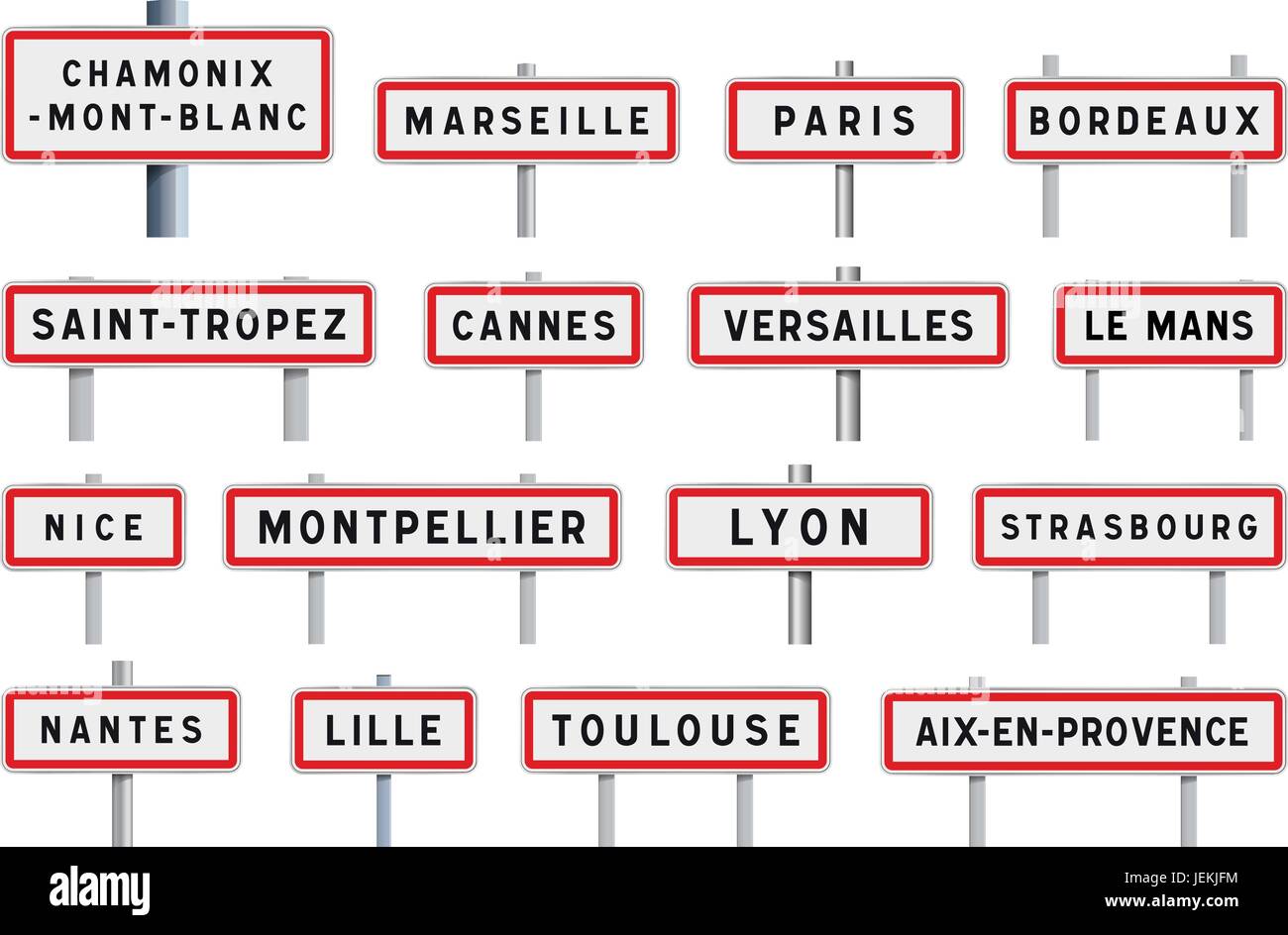 Illustrazione Vettoriale di alcune famose città francesi ingresso cartelli stradali Illustrazione Vettoriale