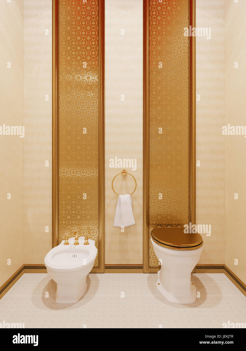 3d'illustrazione, interior design bagno di una camera in hotel in un tradizionale stile islamico. Bella camera deluxe Ramdan Kareem sfondo vista interna Foto Stock