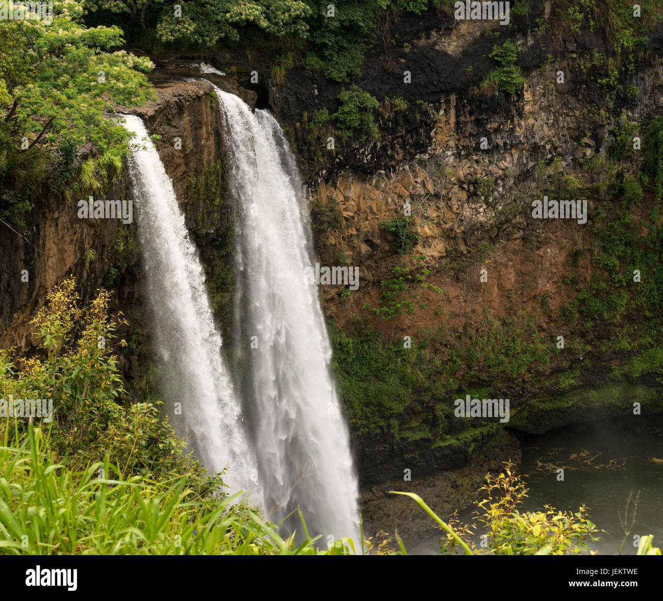 Cascate Wailua nella isola hawaiana di Kauai Foto Stock