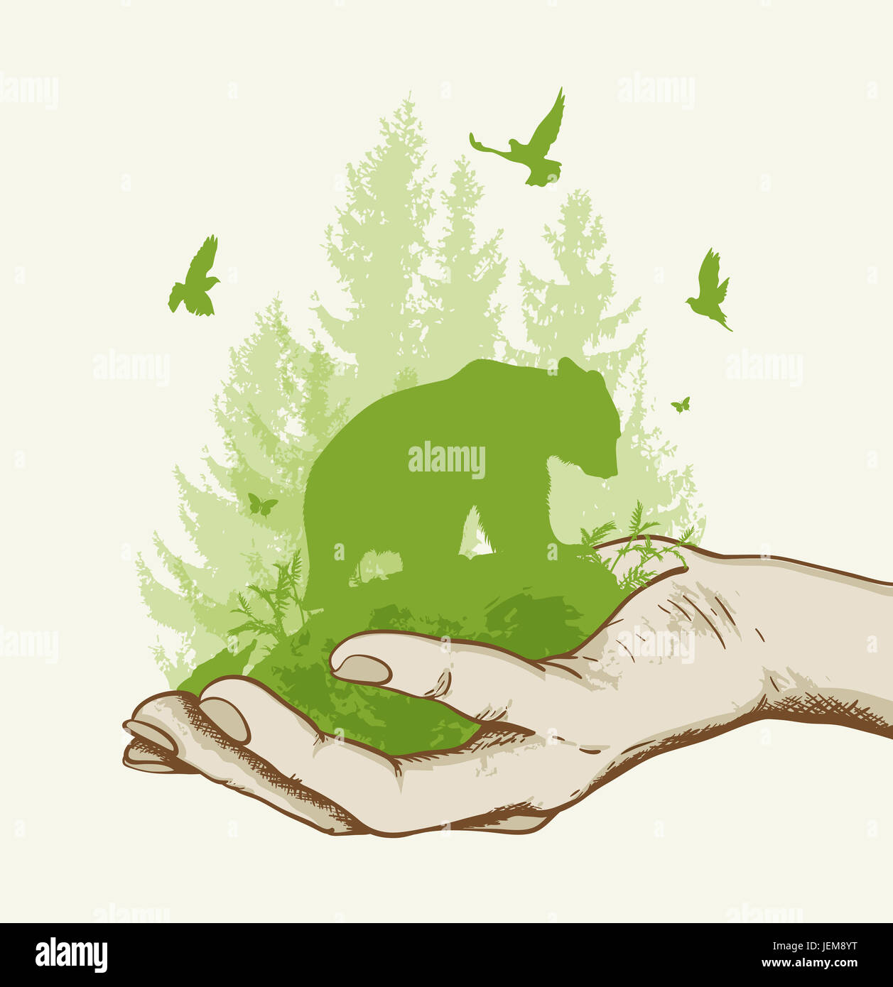 Verde abete, orso e uccelli in mano. Concetto di ecologia. Foto Stock