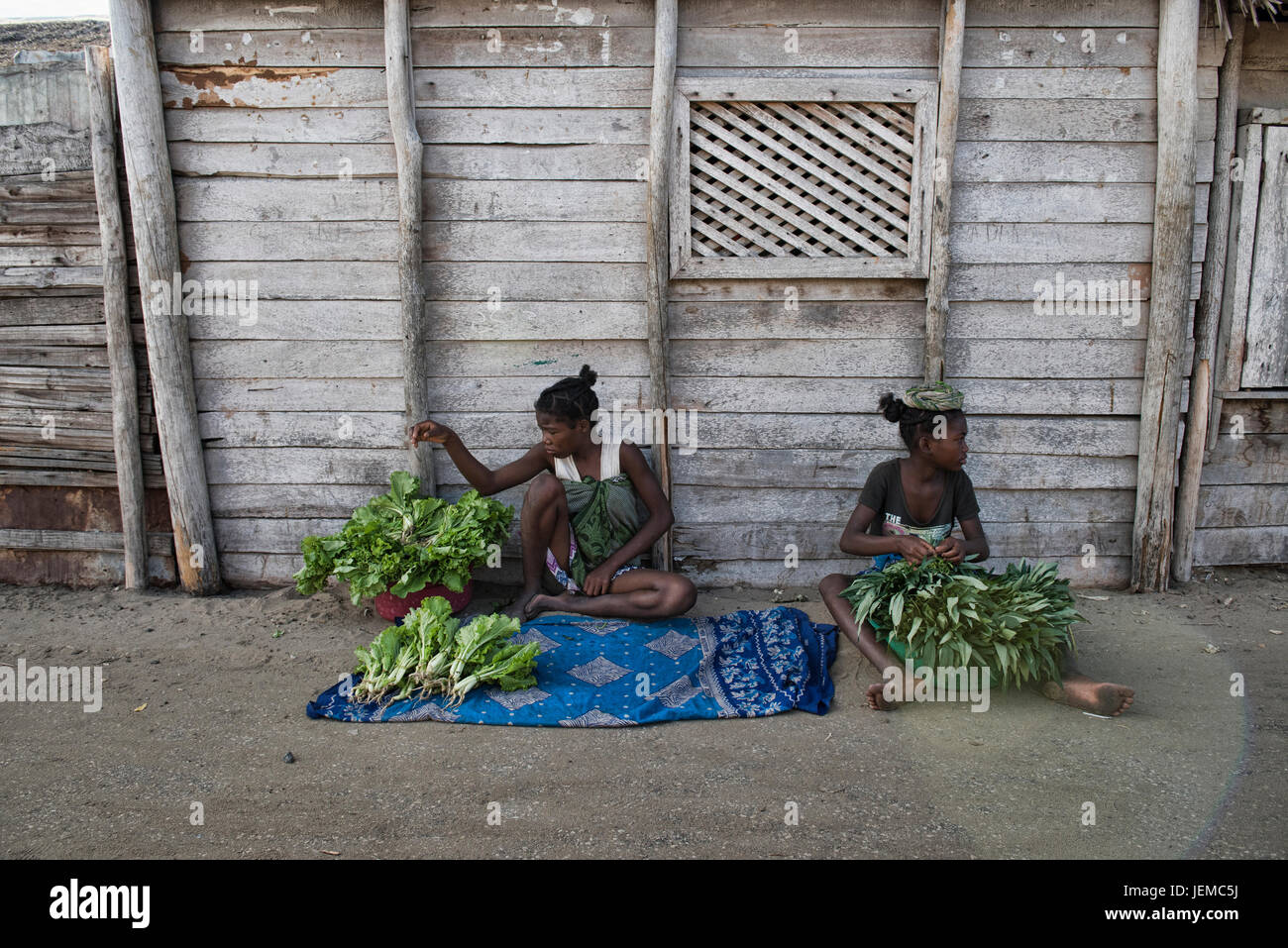 Le ragazze la vendita di verdura, Morondava, Madagascar Foto Stock