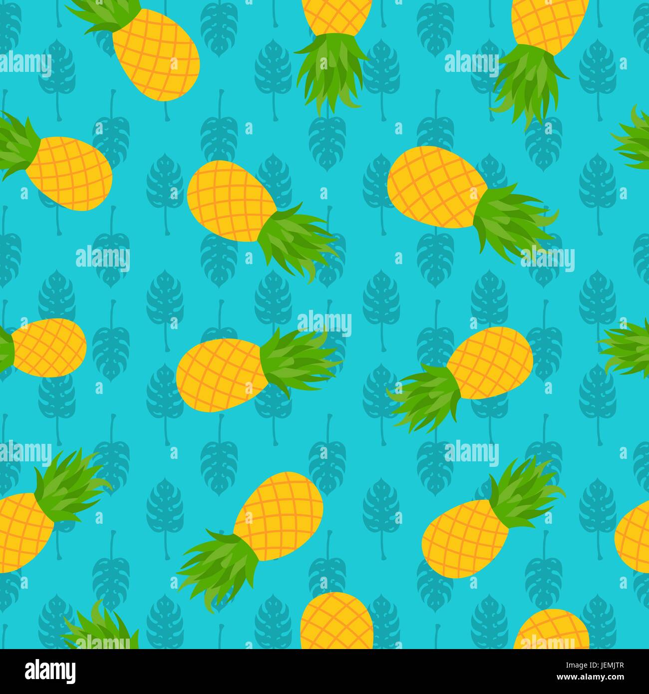 Ananas seamless pattern tropicale con foglie di palma illustrazione, divertente stagione estiva dello sfondo. EPS10 vettore. Illustrazione Vettoriale