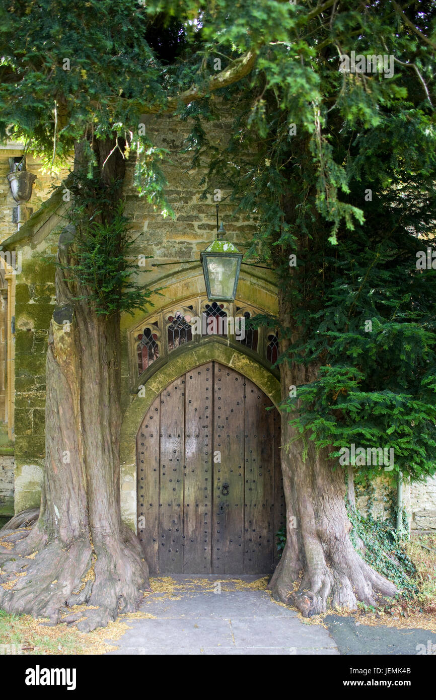 Yew alberi che fiancheggiano la porta di nord portico di St Edwards chiesa parrocchiale di Stow on the Wold Foto Stock