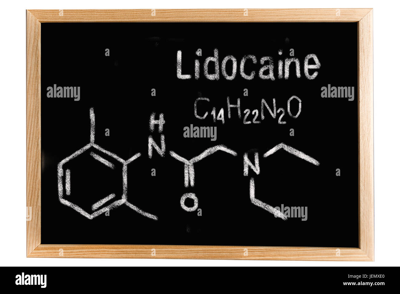 Lavagna con la formula chimica della lidocaina Foto Stock