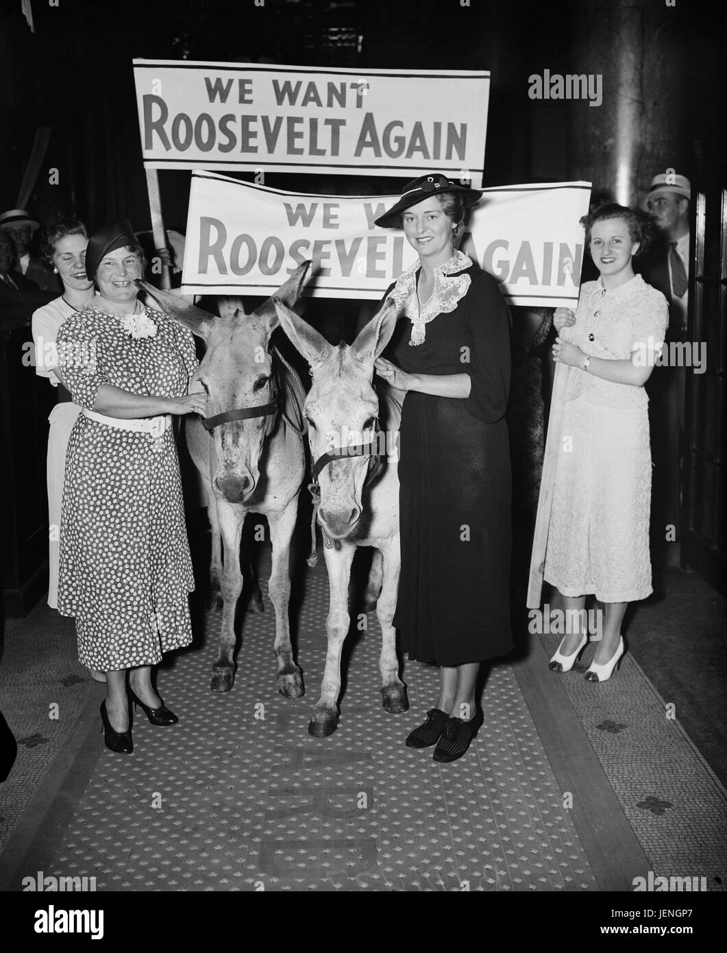 Il gruppo di donne azienda segni "Vogliamo Roosevelt nuovamente" mentre si cammina con gli asini, Harris & Ewing, 1936 Foto Stock
