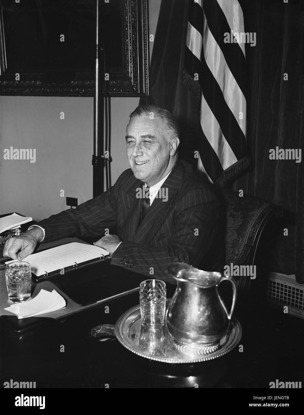 Stati Uniti Il presidente Franklin Roosevelt, sorridente ritratto sul suo 58o compleanno, Washington DC, Stati Uniti d'America, Harris & Ewing, 30 Gennaio 1940 Foto Stock