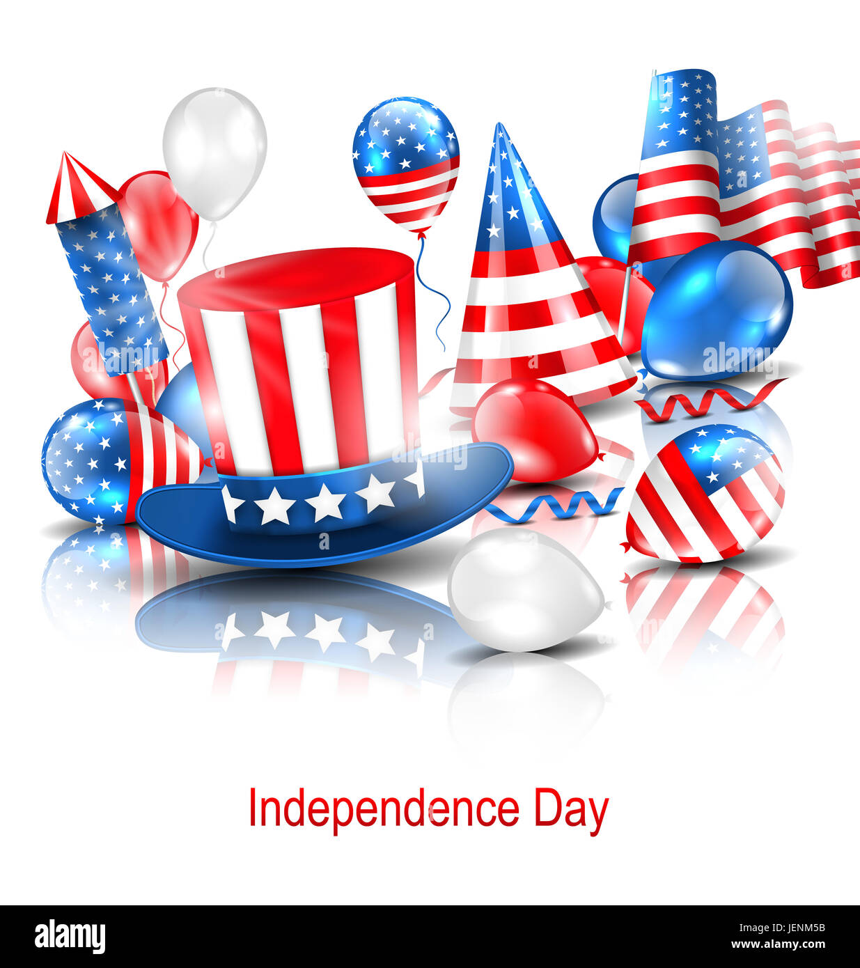 Immagine di sfondo di partito in tradizionali colori americana con palloncini, partito cappelli, fuochi d'artificio a razzo, bandiera e coriandoli - Foto Stock