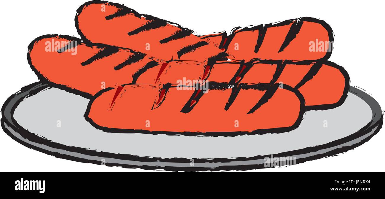 Salsicce alla griglia su una piastra fast food Illustrazione Vettoriale