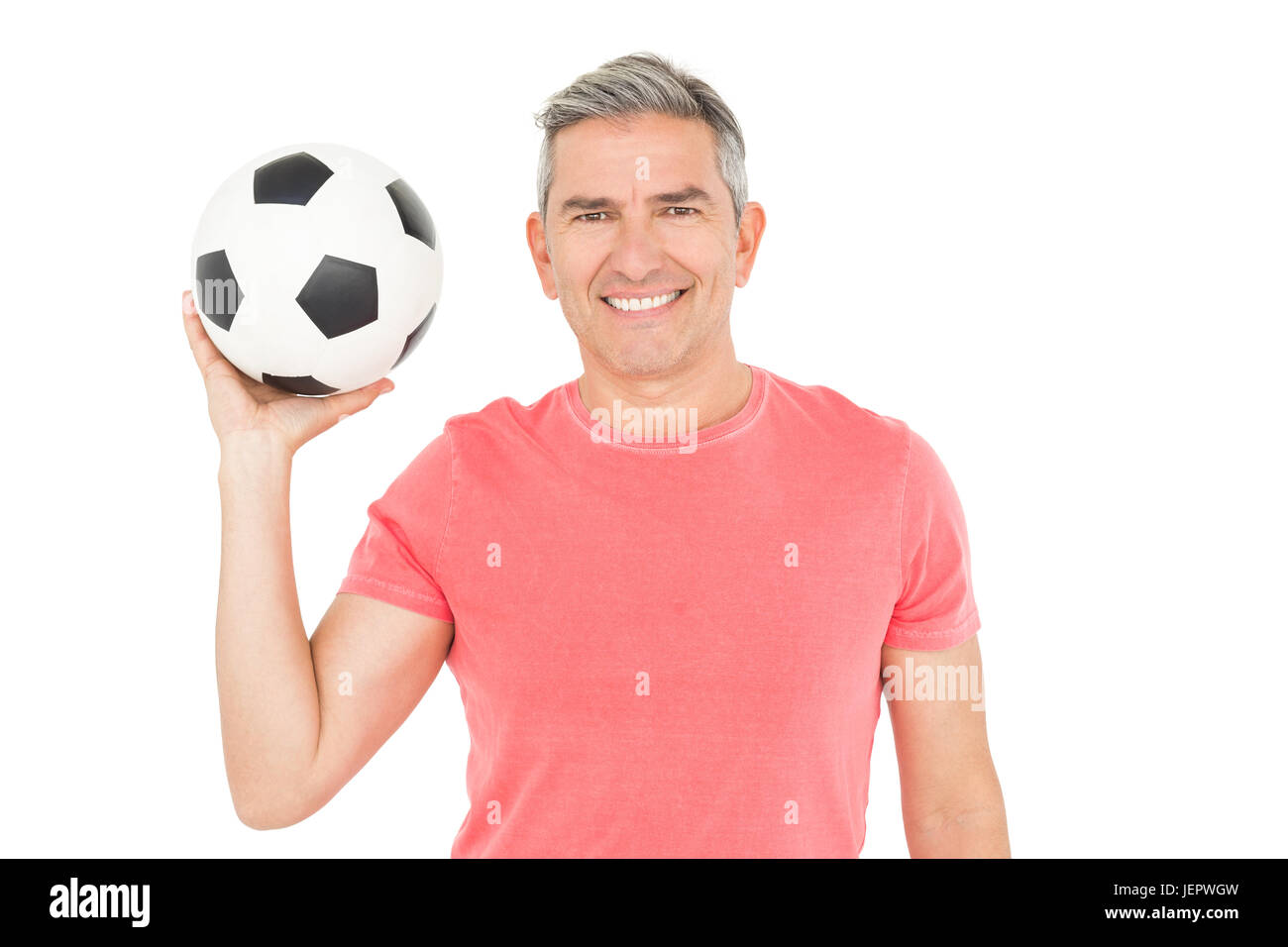 Felice tifoso di calcio sfera di trattenimento Foto Stock