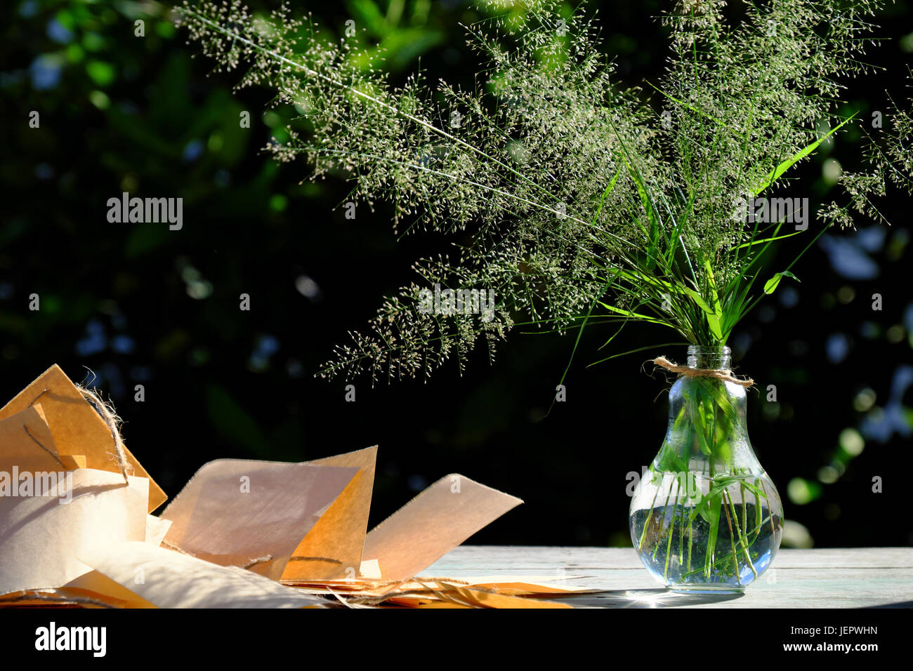 Erba di fiori in vaso di vetro con nota della carta nel vento soffiare al sole di sera fanno di sentimento e di calma, wild minuscoli fiori sul verde sfondo naturale in giardino Foto Stock