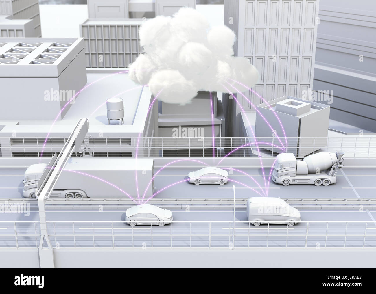 Auto in autostrada condividendo le informazioni sul traffico tramite la rete di computer. Concetto collegato per auto. Il rendering 3D'immagine. Foto Stock