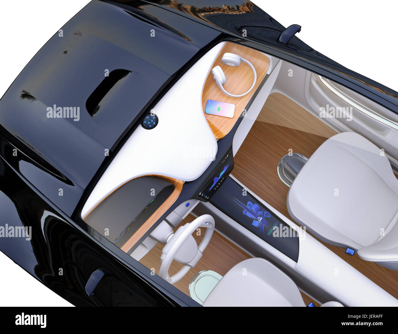 Auto elettrica concpet interiore. Smart phone la carica sul cruscotto mediante wireless unità di ricarica. Il rendering 3D'immagine. Foto Stock