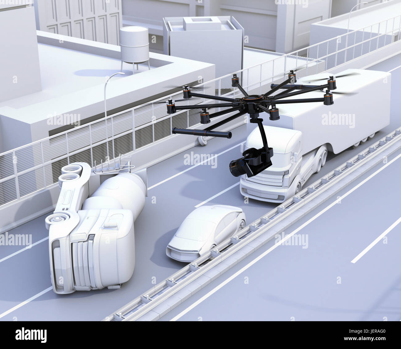 Registrazione Octocopter incidente di auto da fotocamera reflex digitale. Il rendering 3D'immagine. Foto Stock