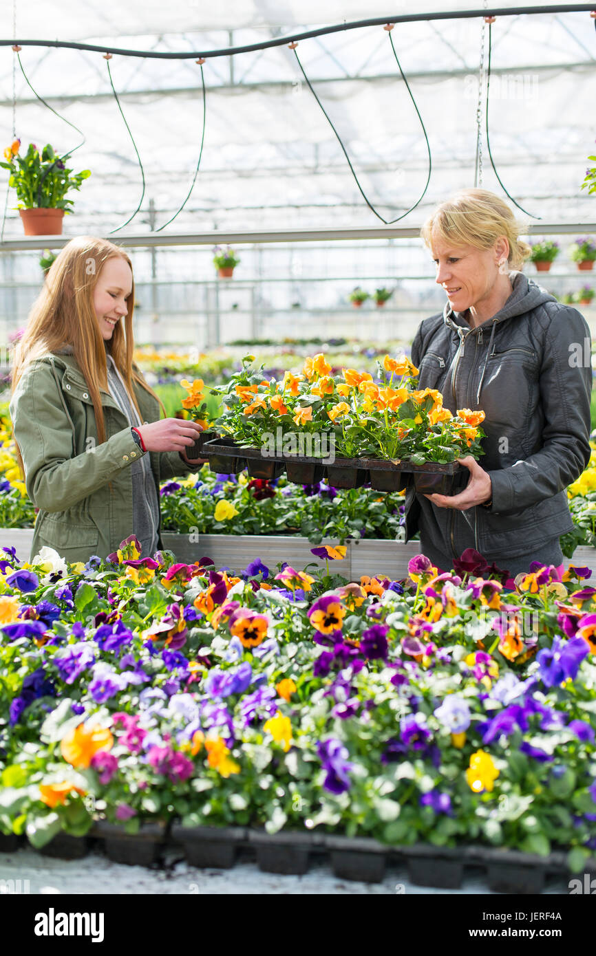 Madre e figlia la scelta di fiori nel giardino centro Foto Stock