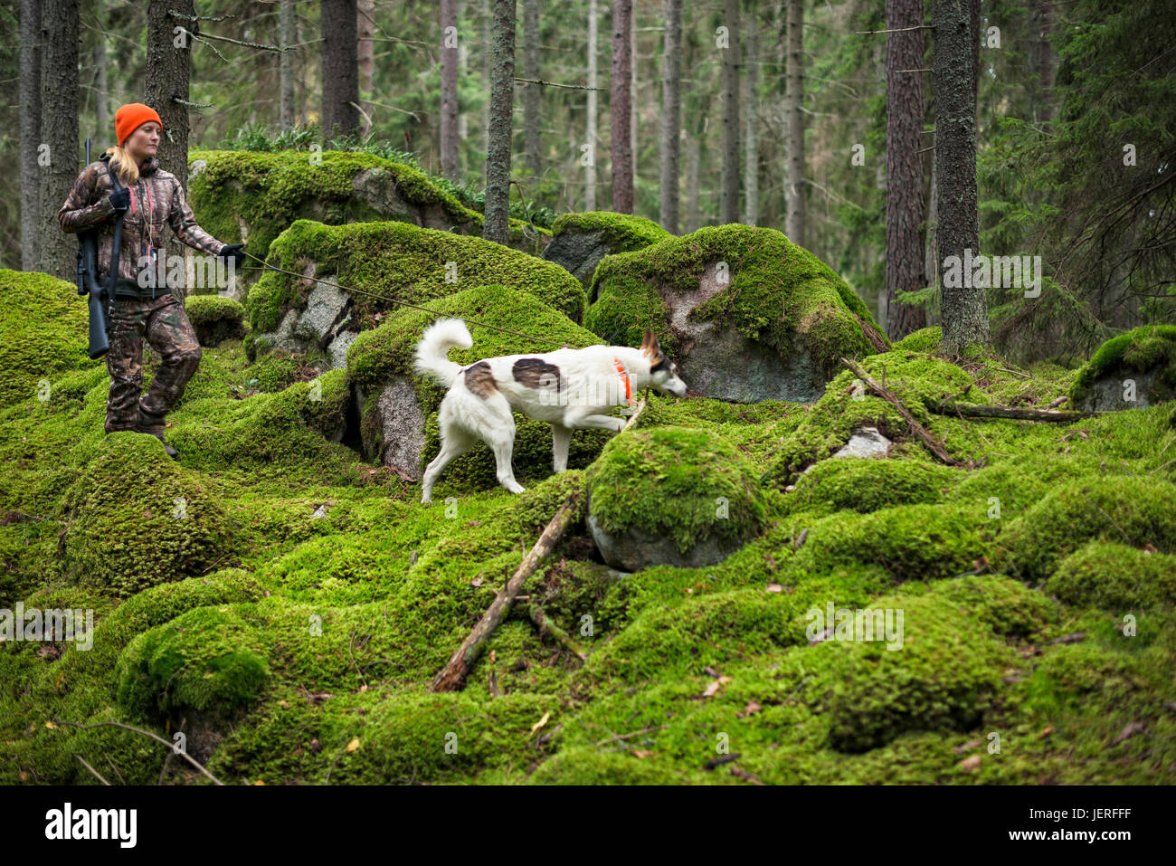 Donna con cane da caccia nella foresta Foto Stock
