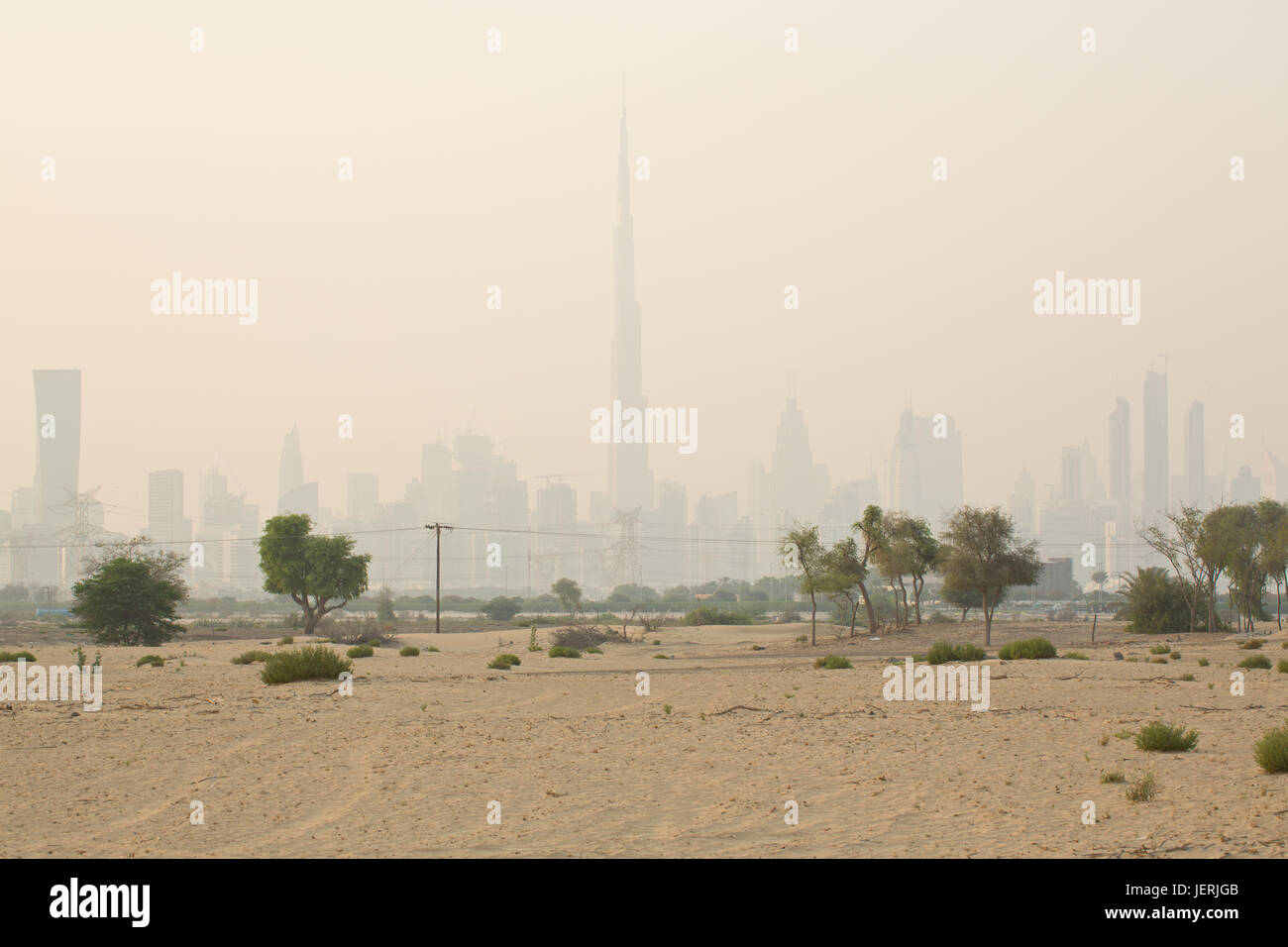 Skyline di Dubai visto dal deserto Foto Stock