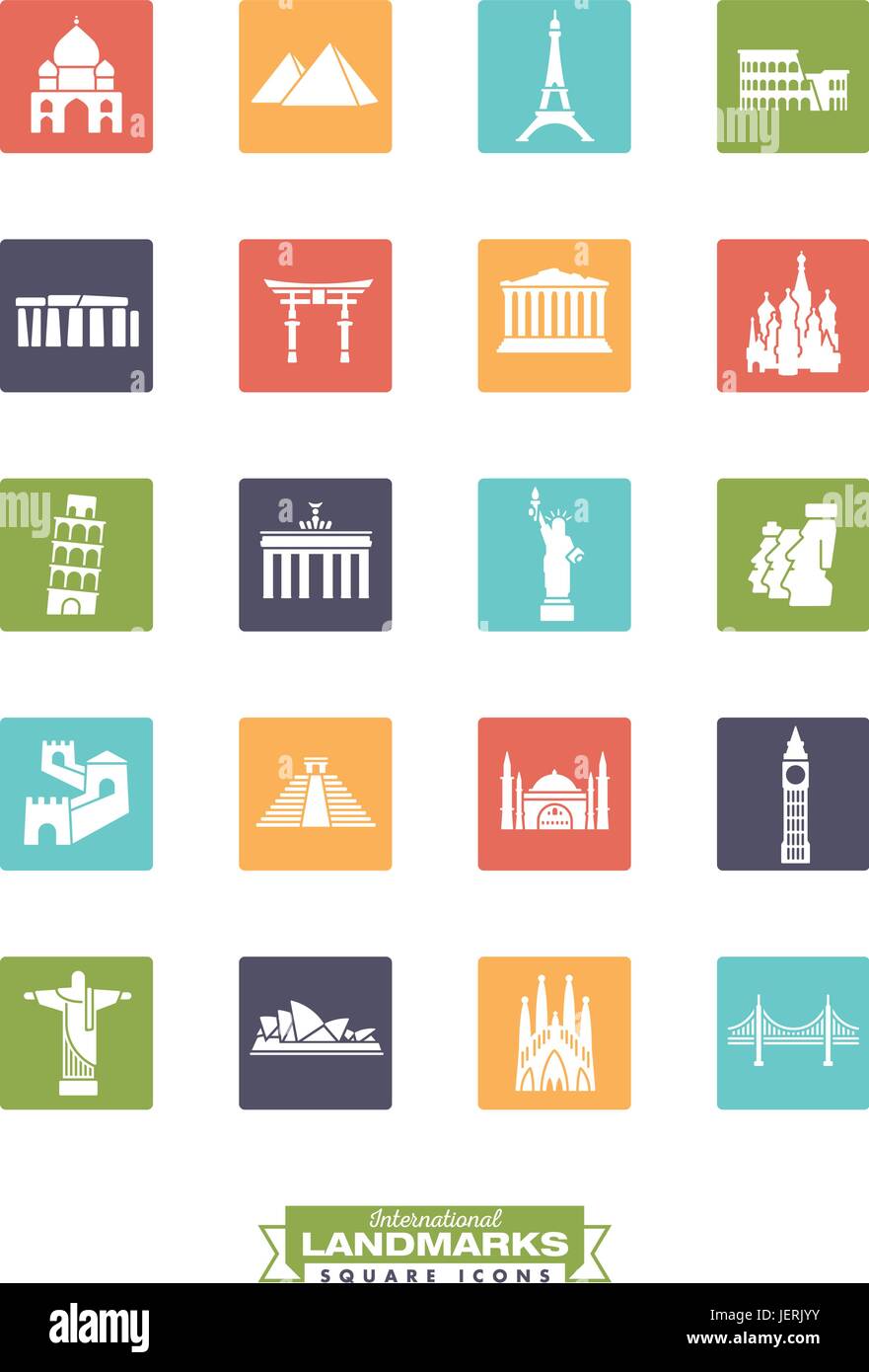 Colore quadrato raccolta di icone dei punti di riferimento internazionali Illustrazione Vettoriale