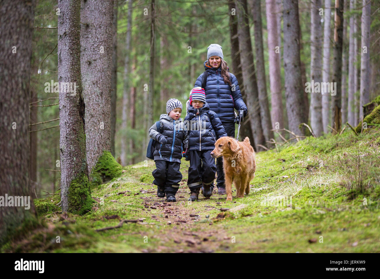 Madre con figli a piedi nella foresta Foto Stock