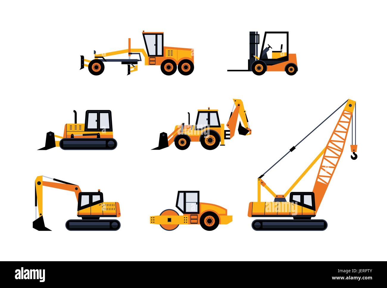 I veicoli per la costruzione - vettore moderno design piatto icon set. Il caricatore, escavatore retroescavatore, bulldozer, gru, pavimentazione, macchina livellatrice stradale, un carrello elevatore a forche. Pesante Illustrazione Vettoriale