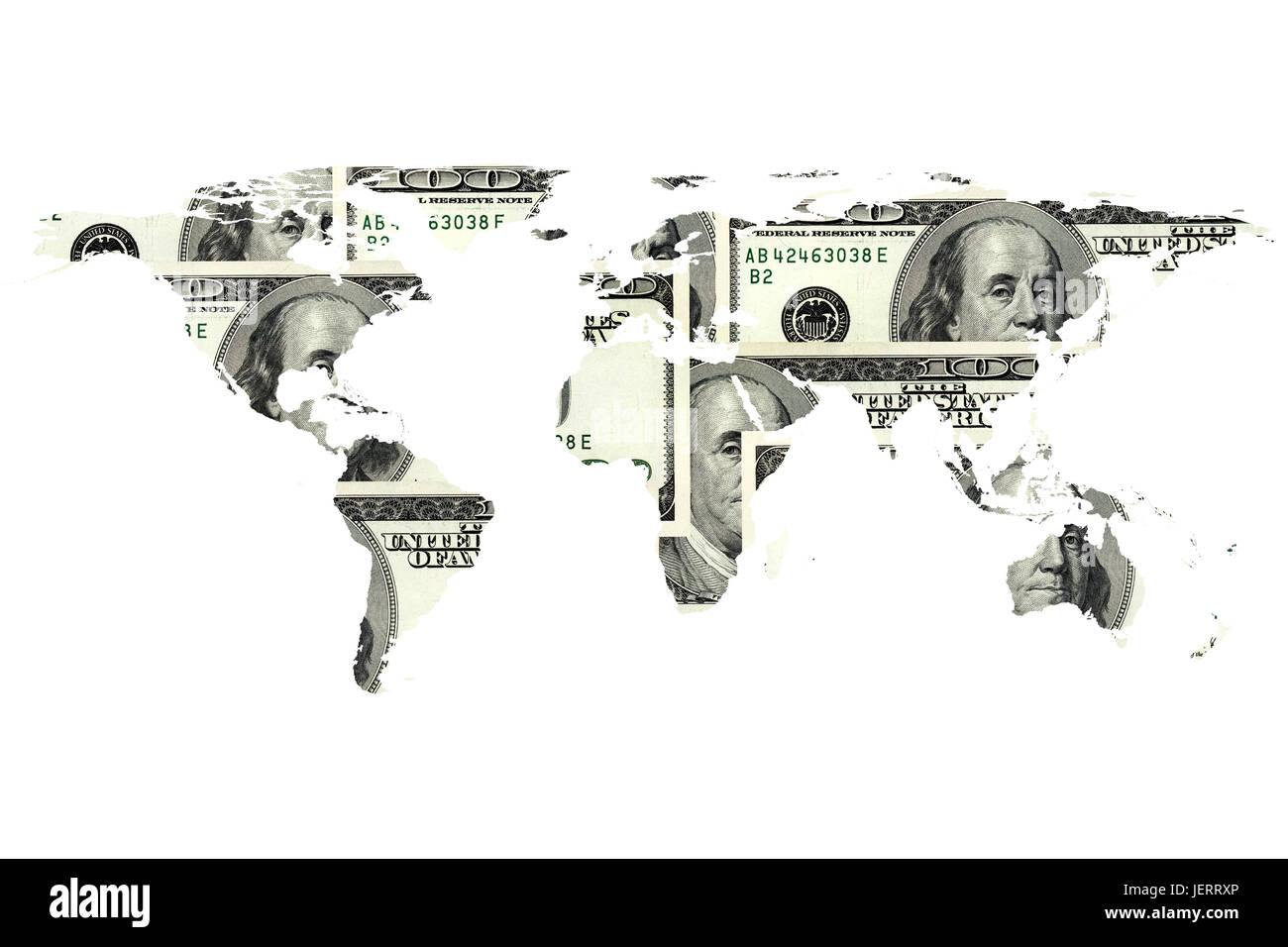 Immagine concettuale del dollaro e con la mappa del mondo isolato su bianco. Arredate NASA Mappa mondo immagine utilizzata Foto Stock