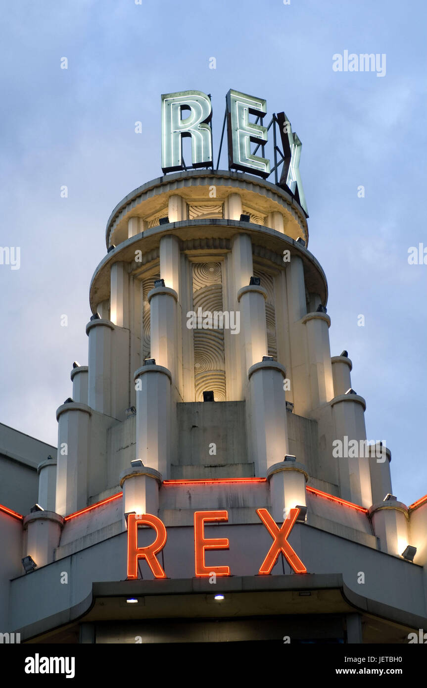 Francia, Parigi, palazzo del film 'Grand Rex', ILLUMINAZIONE, dettaglio, crepuscolo, Foto Stock
