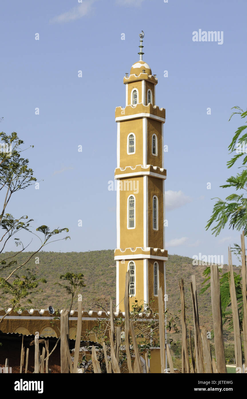 La moschea, minareto, Yabello, sud Etiopia, Foto Stock
